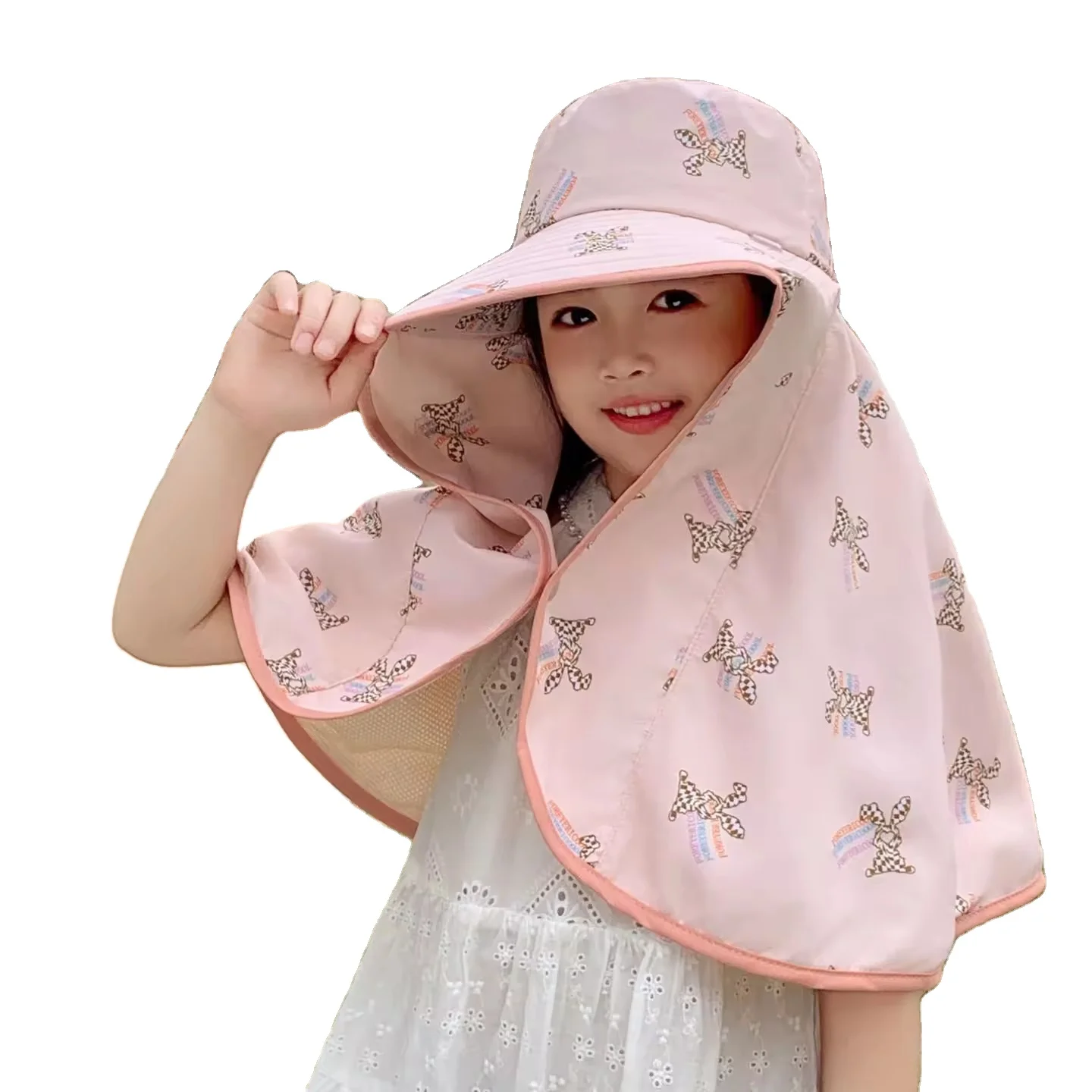 2024 new summer children unisex piping sun hat anti-UV sunshade shawl large brim cartoon bear pattern fisherman hat