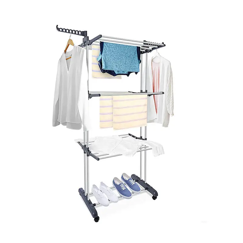 OWNSWING Floor Mobile Folding Clothes Rack Living Room Multi-layer Towel Rack Floor Standing Clothes Drying Movable Clothes Rack