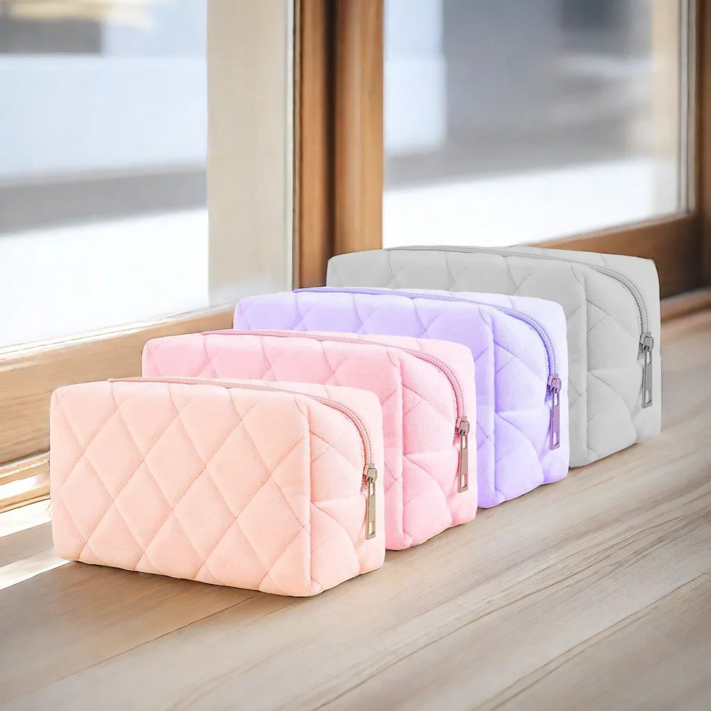 Women Fashion Quilted Recycled Cotton Square Cosmetic Makeup Organizer Case Bag