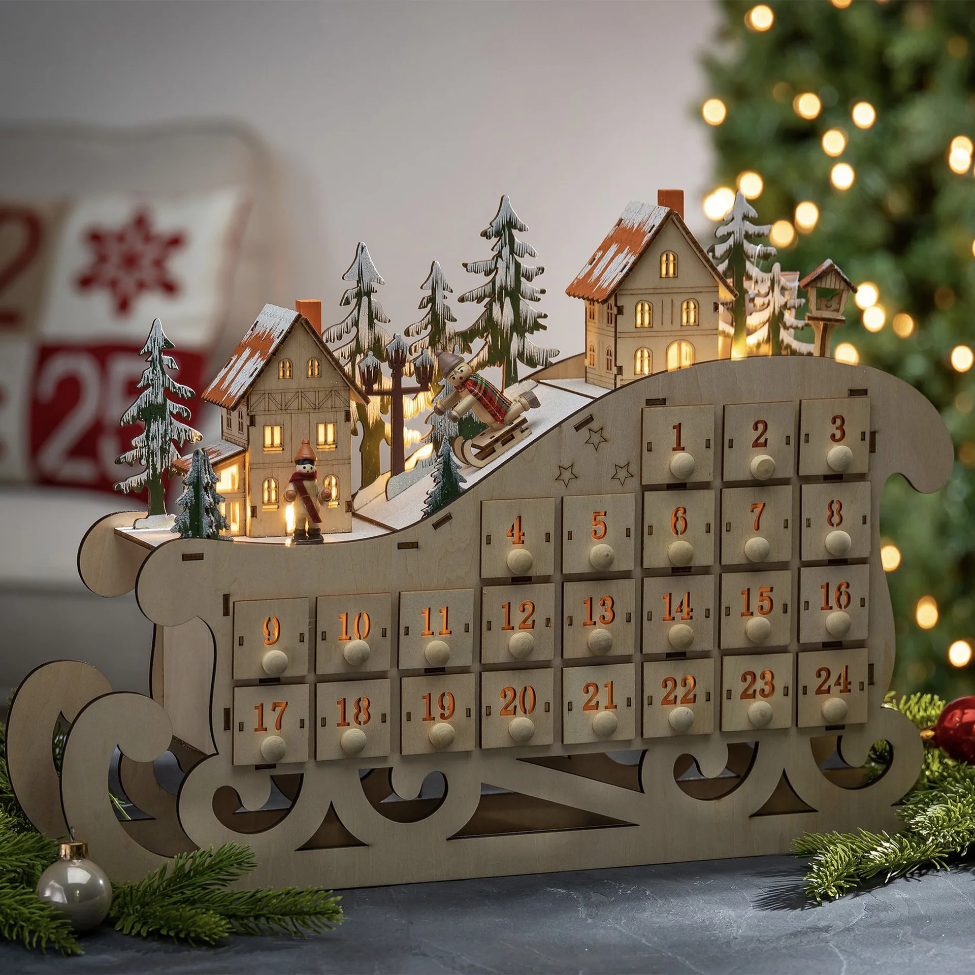 Hot Selling Wood Christmas Advent Calendar With Led Light 24 Days Countdown To Christmas Desktop Decor Calendar