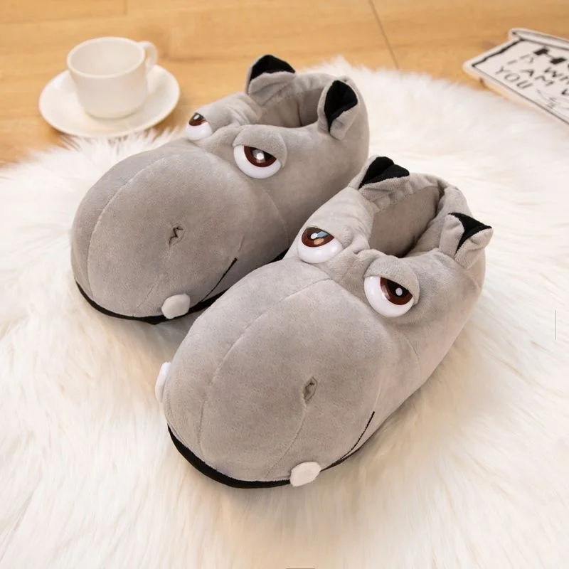 Woman Women Ladies Man Men Couple Novelty Animals Elephant Rhino Bull Stuffed Indoor Home Slippers with Anti-slip Sole