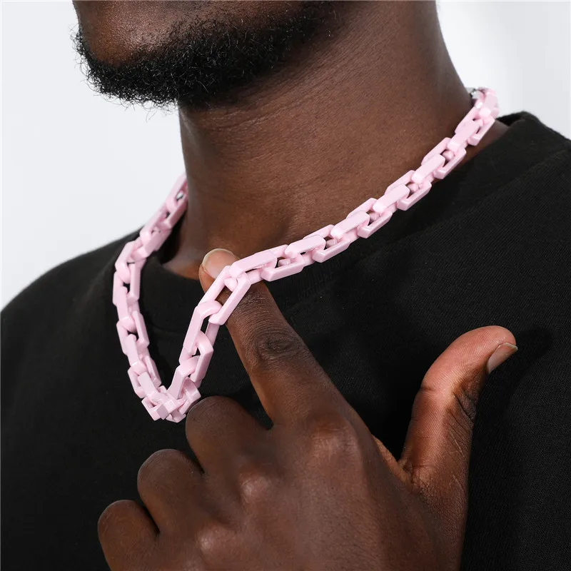 2022 New Arrival Titanium Steel Jewelry Pink Black White Ceramic Coated Chunky Rectangular  Link Chain for Men and Women Jewelry