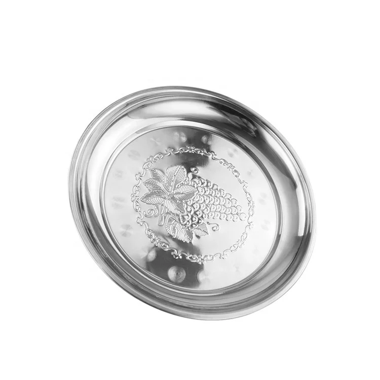 High quality embossed surface grape pattern hotwl home used round stainless steel round steel serving tray