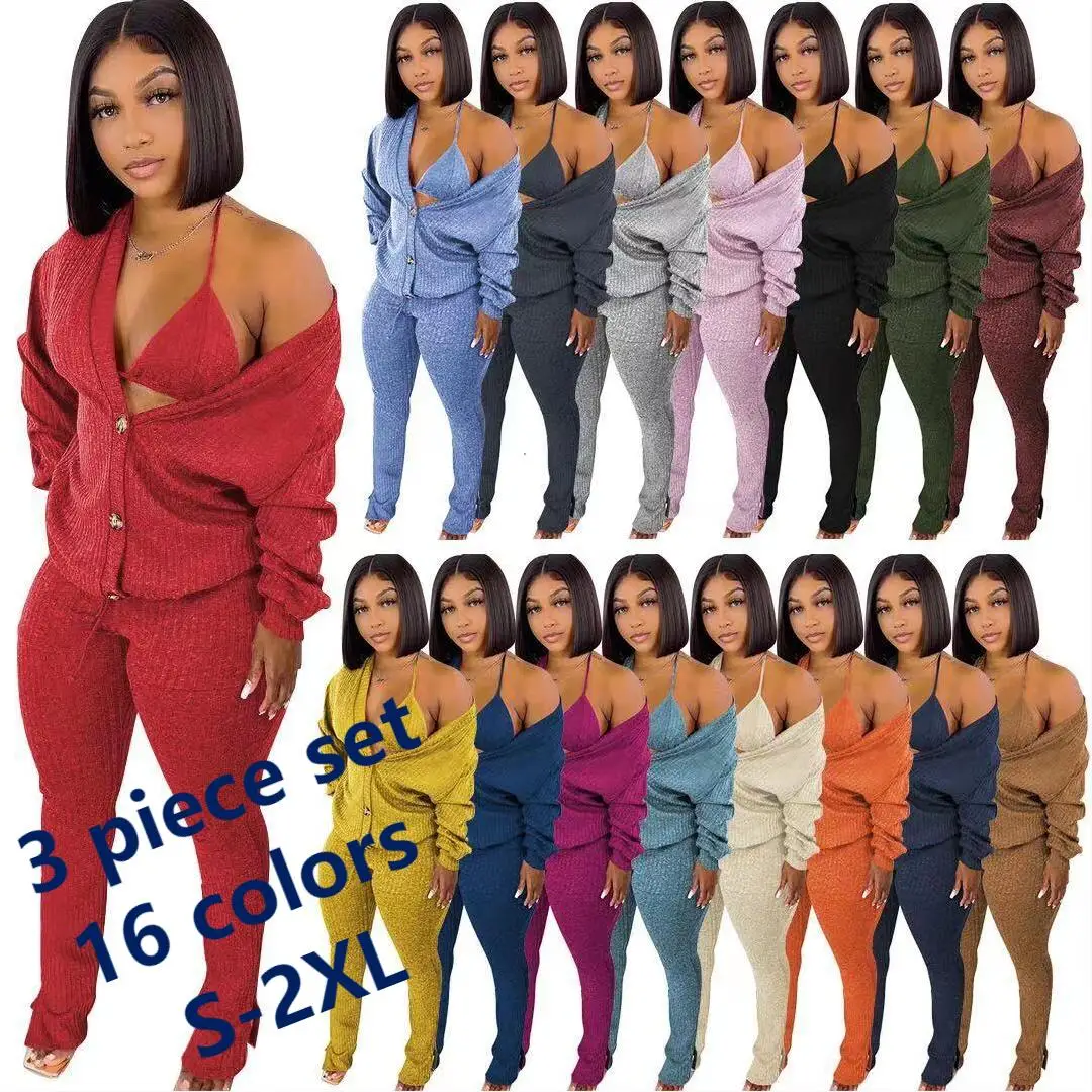 2021 New Arrivals Women Winter Sweater Coat Long Cardigans Sets 3 Piece Set