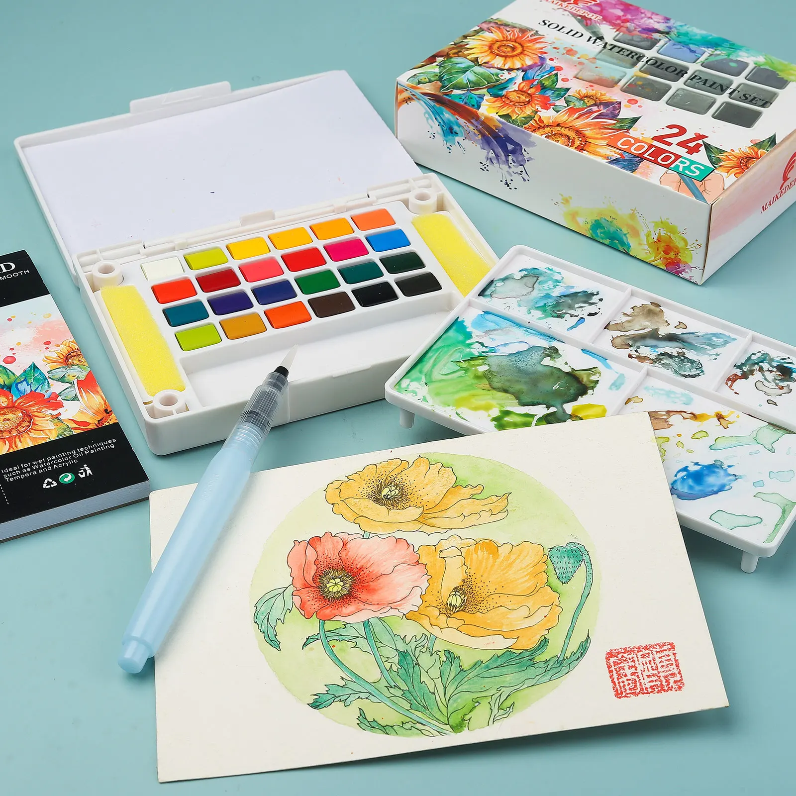 Paul Cezanne 24 Colors Solid Watercolor Paint Set Watercolor Sketching Kit with Watercolor Brush Pen for Children and Adults