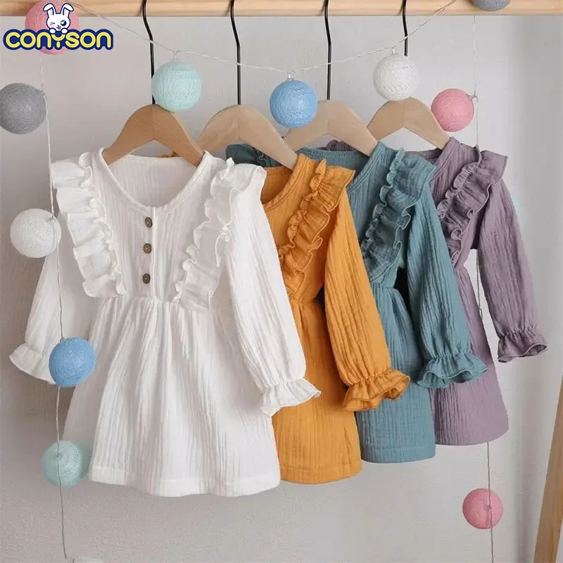 Conyson New Kids Girl Autumn Dress Ruffles Long Sleeve Solid Party Dresses For Girls Elegant Slim Waist Dress Girls Clothes Sets