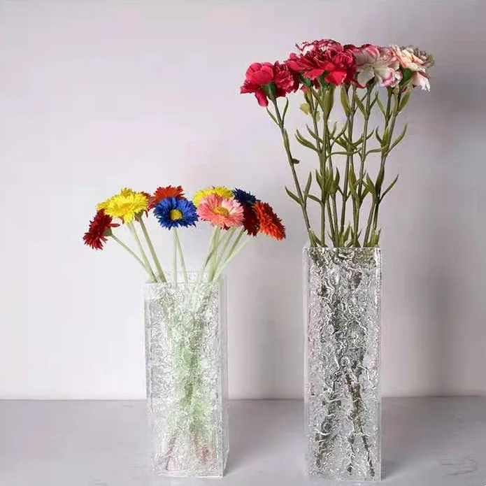 Home Decorate Clear Acrylic 5 Sided Box Transparent Crystal Water Ripple Flower Cube Vase