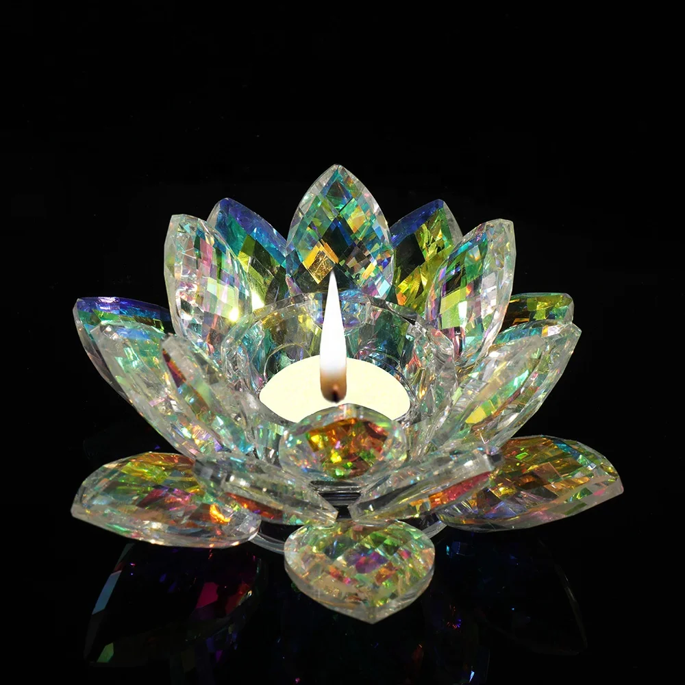Mh-zt0135  Rainbow Crystal Lotus Flower Glass Small Crystal Tealight Candle Holder Wedding Decoration