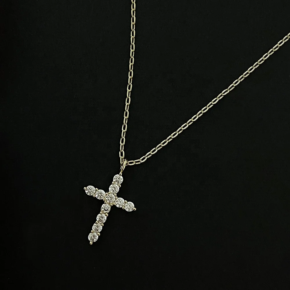 Custom Simple 925 Sterling Silver 5A Cubic Zirconia Jewelry Dainty 18K Gold Plated Chain Cross Pendant Necklaces for Women