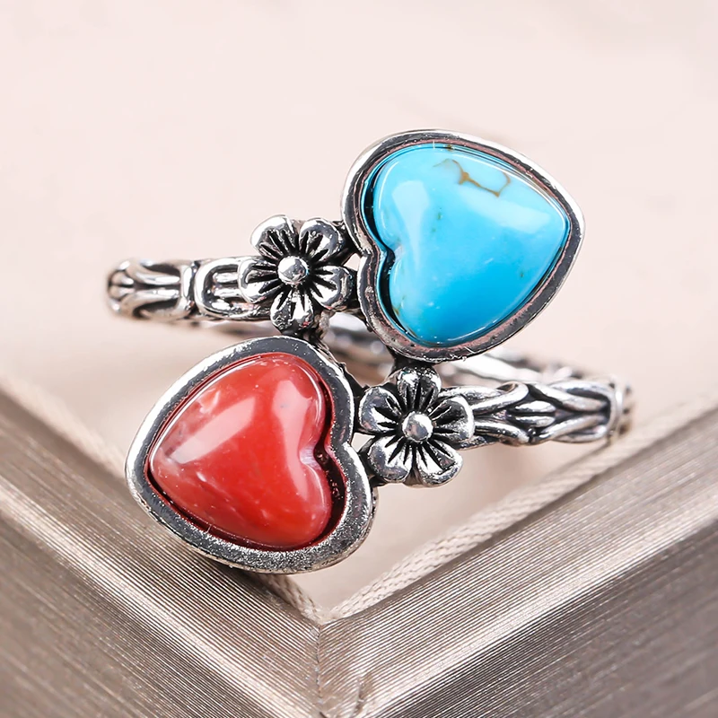 Модные 925 серьги-подвески с цветочным украшением из чистого разъединяющееся кольцо натуральный сердце бирюза камень кольцо для женщин регулируемый размер