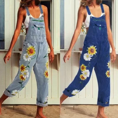 2024 new fashion street women print one-piece suspenders jeans summer and autumn leisure and entertainment one-piece suspenders