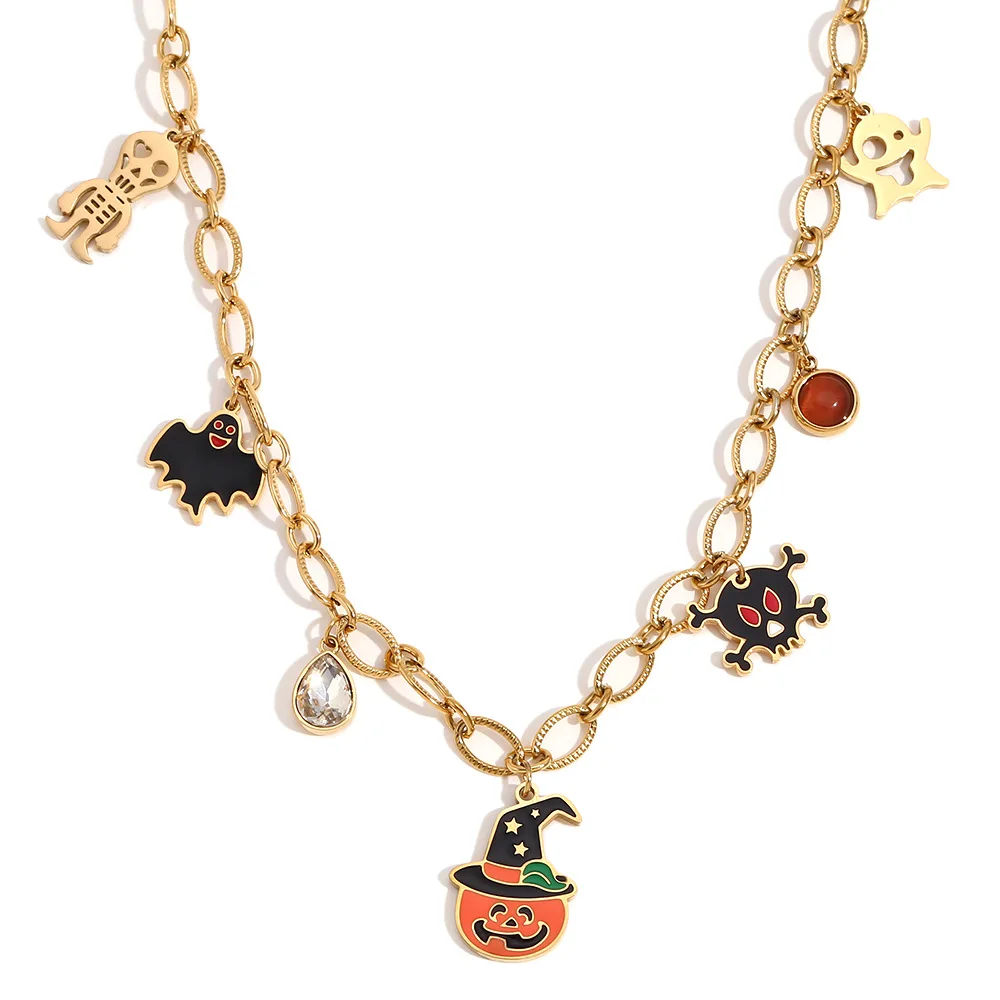 Cartoon cute pumpkin Grimace Bat pendant Stainless teel gold plated Halloween element pendant necklaces
