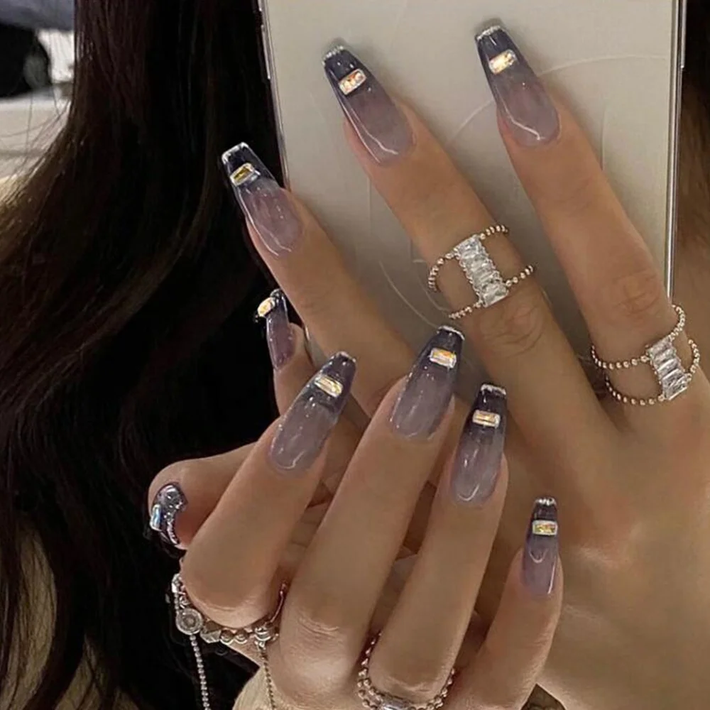 2022 Removable Multi Pure Color Reusable ABS Coffin Press On Nail Glitter Artificial Finger Press On Nails