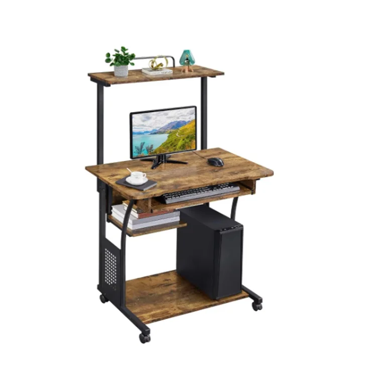 3 Tiers Rolling Computer Desk with Keyboard Tray and Printer Shelf for Home Office, Mobile Computer Desk