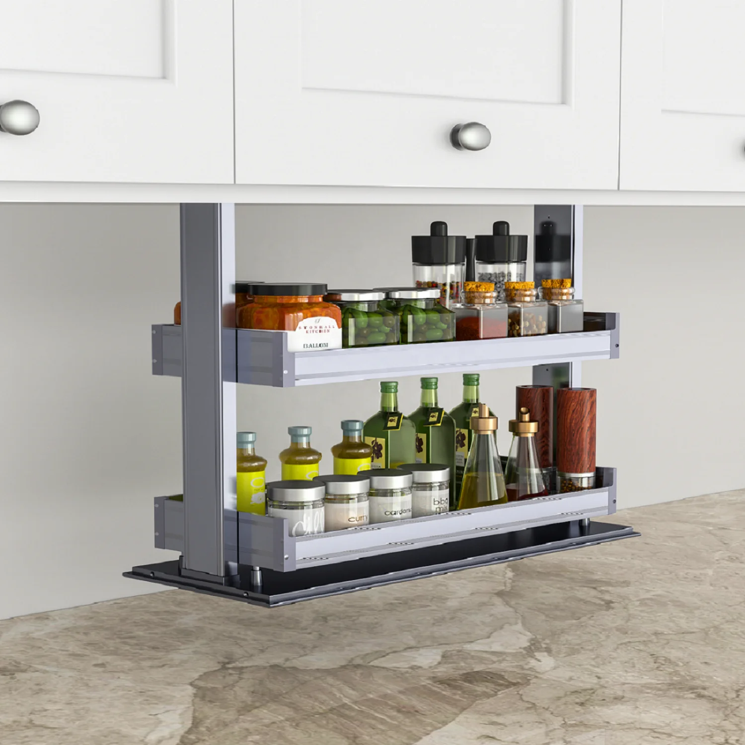 Customized modern home seasoning storage induction lift pull down kitchen cabinet large capacity stainless steel pull basket