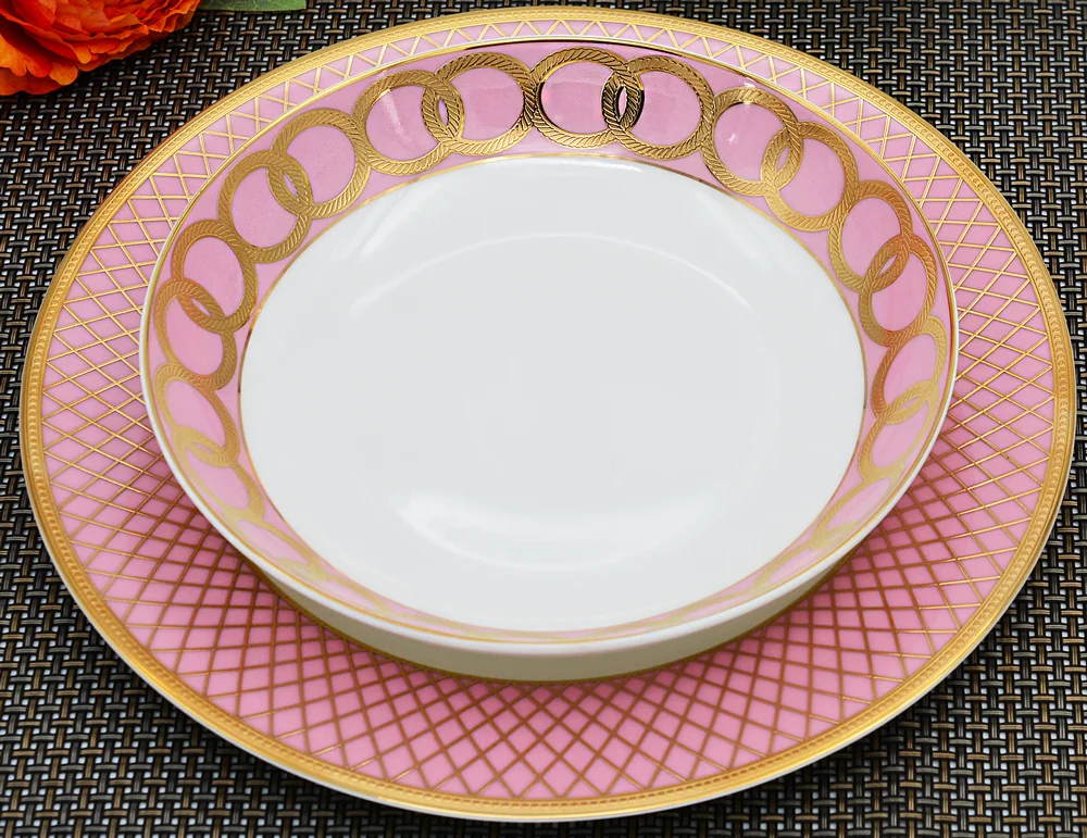 3-Piece Pink Bone China Porcelain Dinnerware Set with Gold Rim Classic Design Girlhood Dream Dishes for Girls