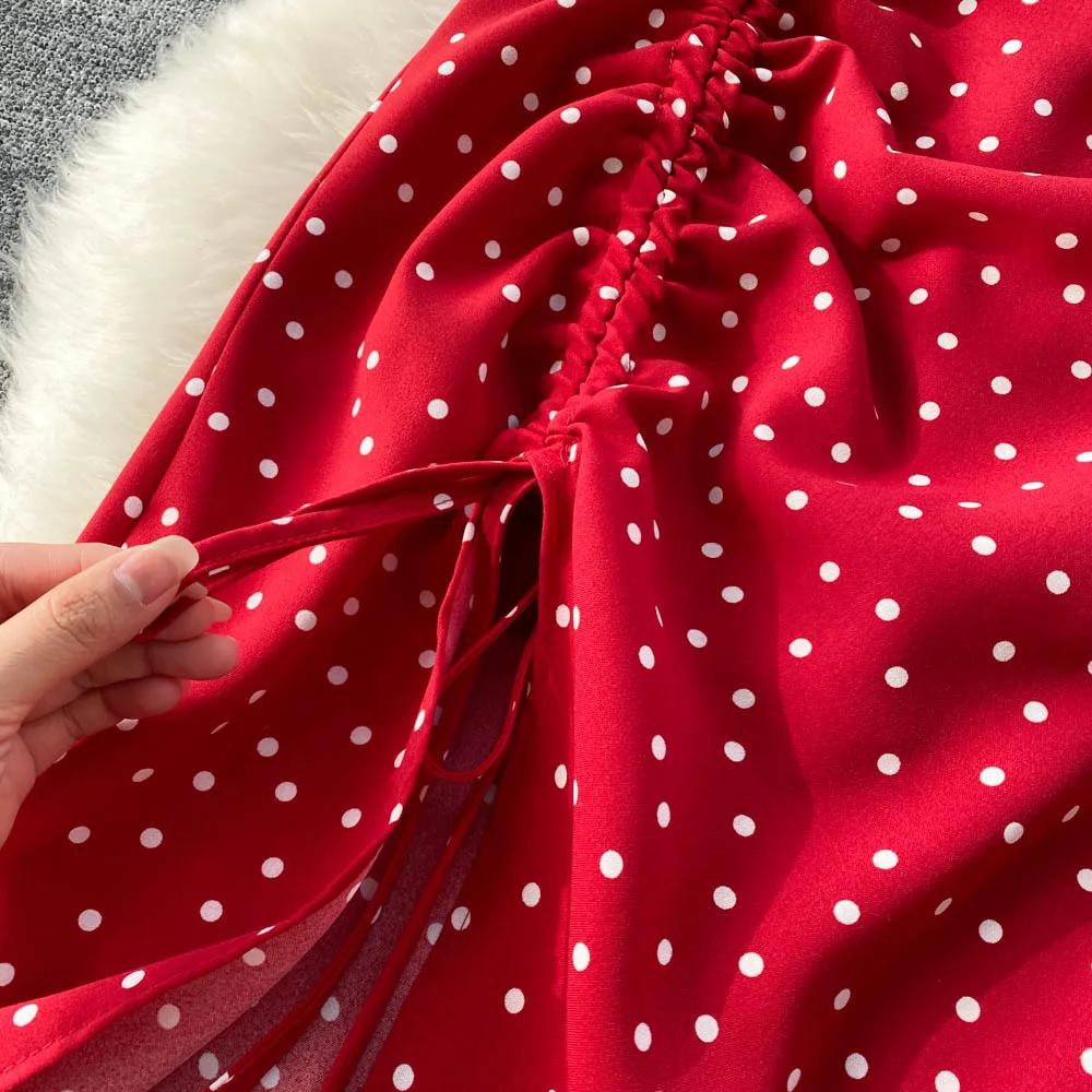 Custom square collar wave dot dress short sleeve 2023 new summer French closed waist large hemline maxi skirt