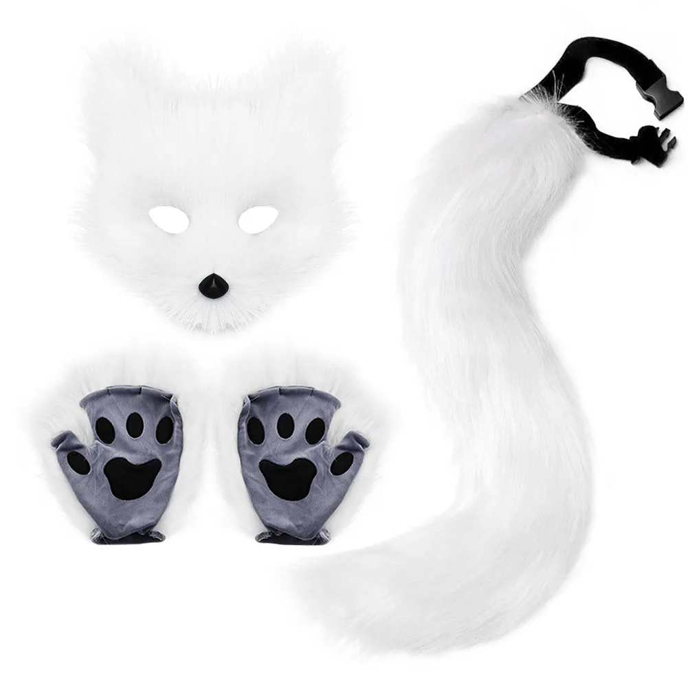 CM251 Luxury Faux Fur Fox Cat Mask Tail and Gloves Costume for Women Girls Halloween Party Wolf Cosplay