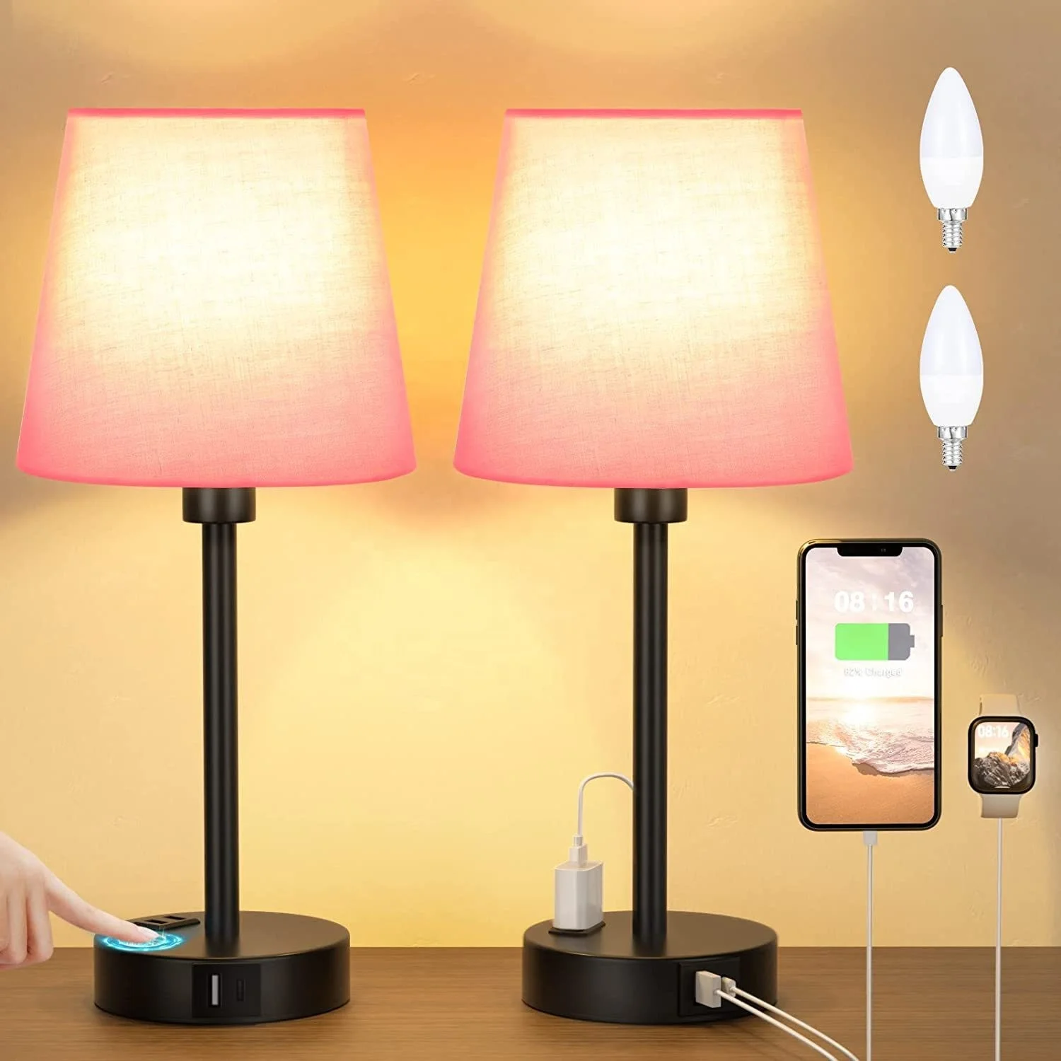 Modern Fabric Shade Metal Base Bedroom AC Power USB type c power outlet reading table Light