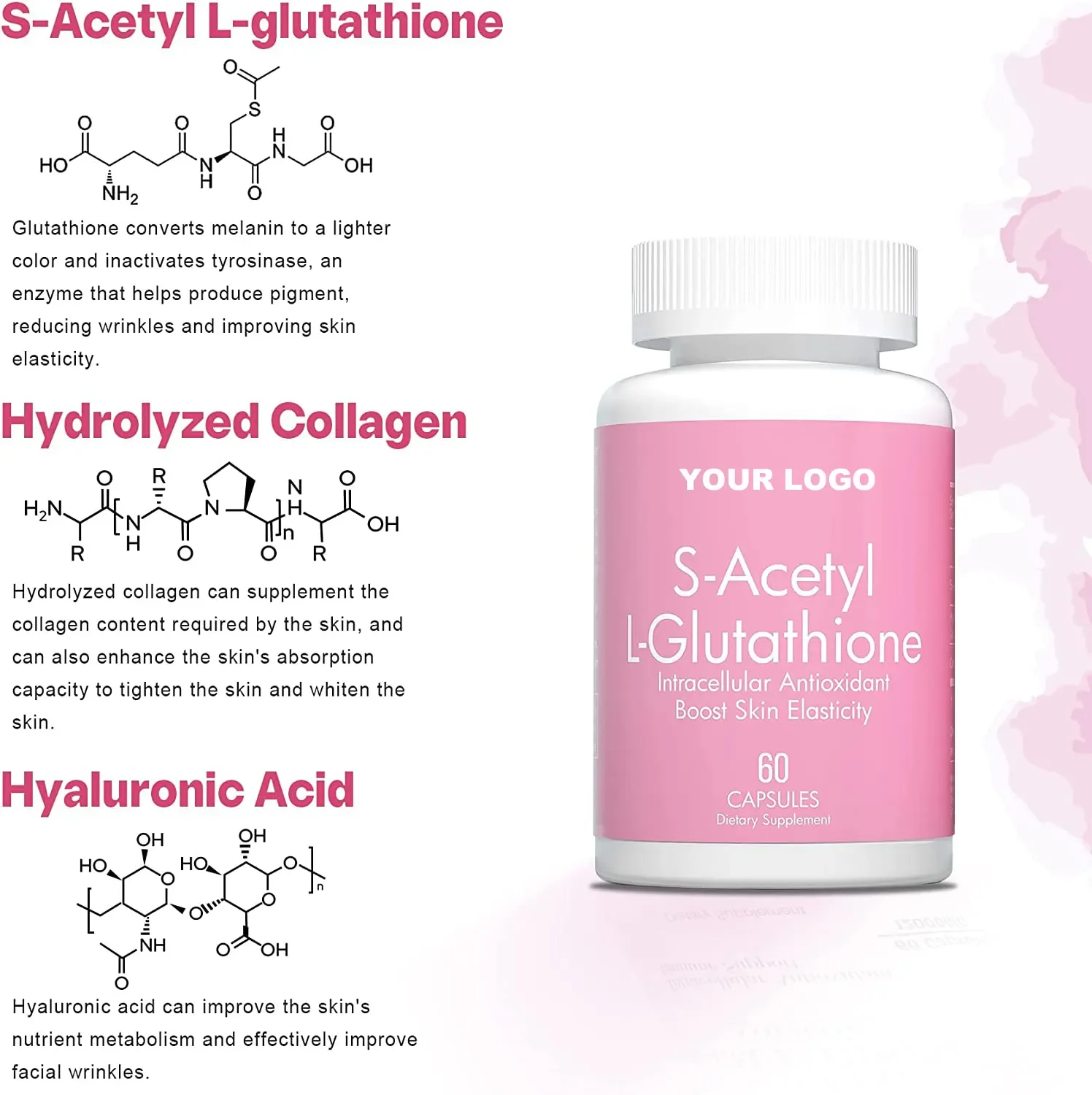 Oem Odm S-Acetyl L-Glutathion Capsules  Supplement Hyaluronzuur Collageen Capsules