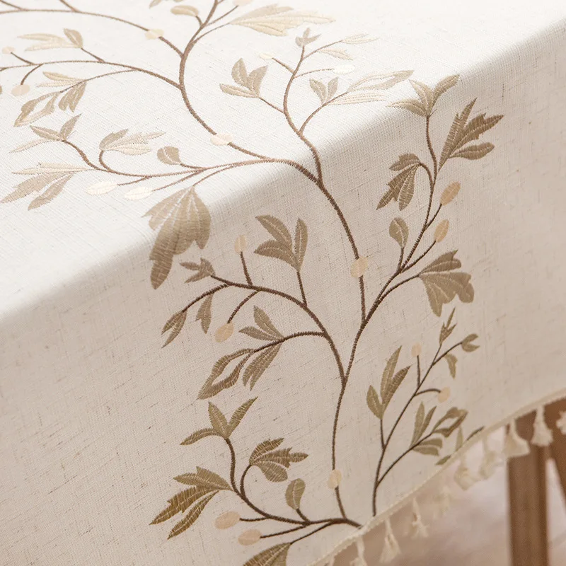 Beautiful Modern table cloths faux cotton linen wholesale leaves Embroidered table cover waterproof linen tablecloth with tassel