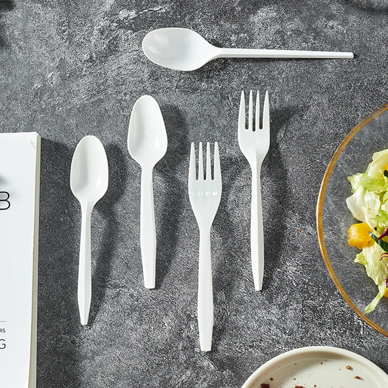 Одноразовая пластиковая ложка и вилка для ресторана, индивидуальная упаковка, белая посуда