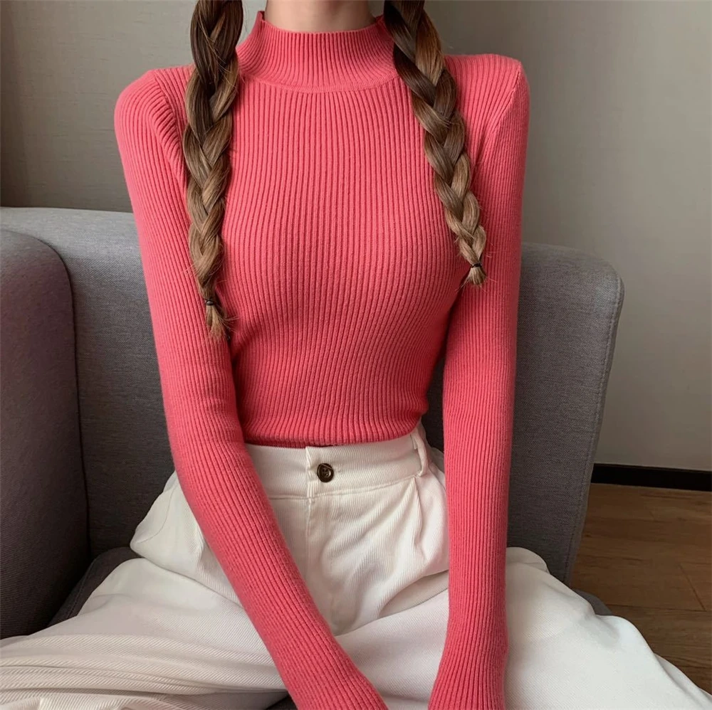 ANSZKTN ANSZKTN Women Girls Knitwear Stand Collar Pullover Blouse Long Sleeve Solid Color Knit Slim Casual Sweater