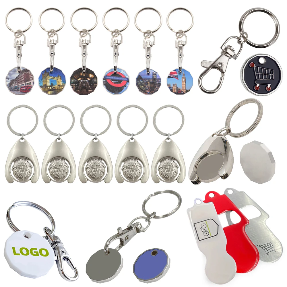 Personalised custom logo metal nickel 38mm uk sublimation shopping cart chip insert coin holder trolley coin keyring keychain
