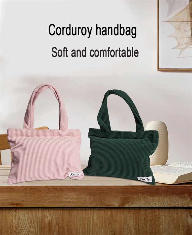 Wholesale High Quality Corduroy Tote Bag Custom Logo Shopping Cosmetic Storage Handbag Cute Corduroy Tote Zipper Bag