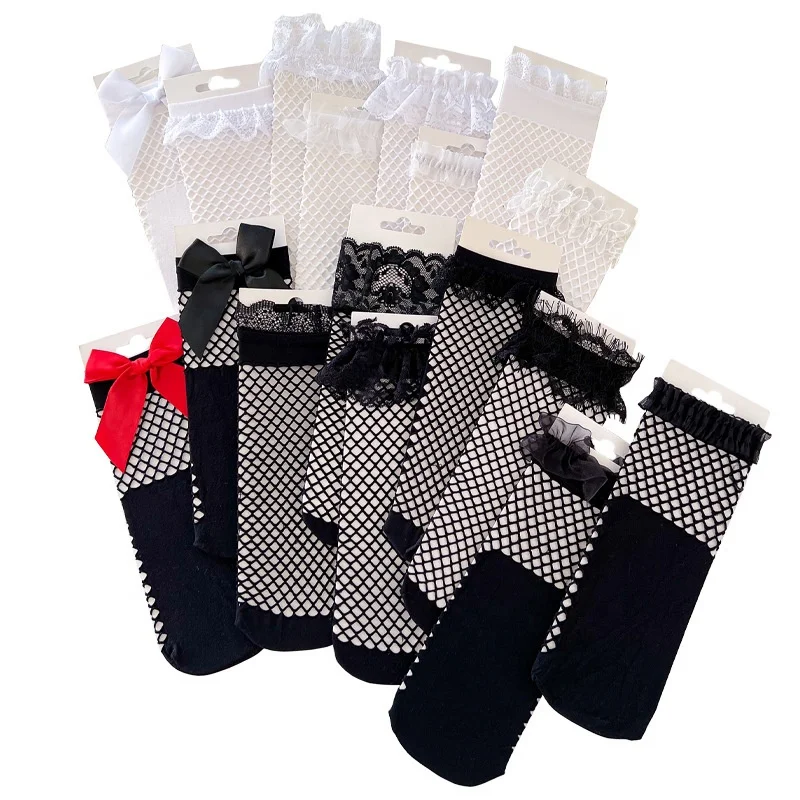 Wholesale White Black Lace Frilly Fishnet Bow Socks Summer Thin Mesh Fish Net Socks For Women