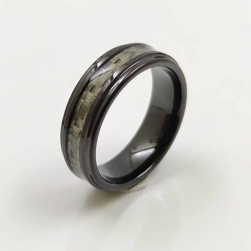 Wholesale Fashion Black Plated Tungsten Carbide Rings Inlay Grey Color Carbon Fiber Wedding Jewelry