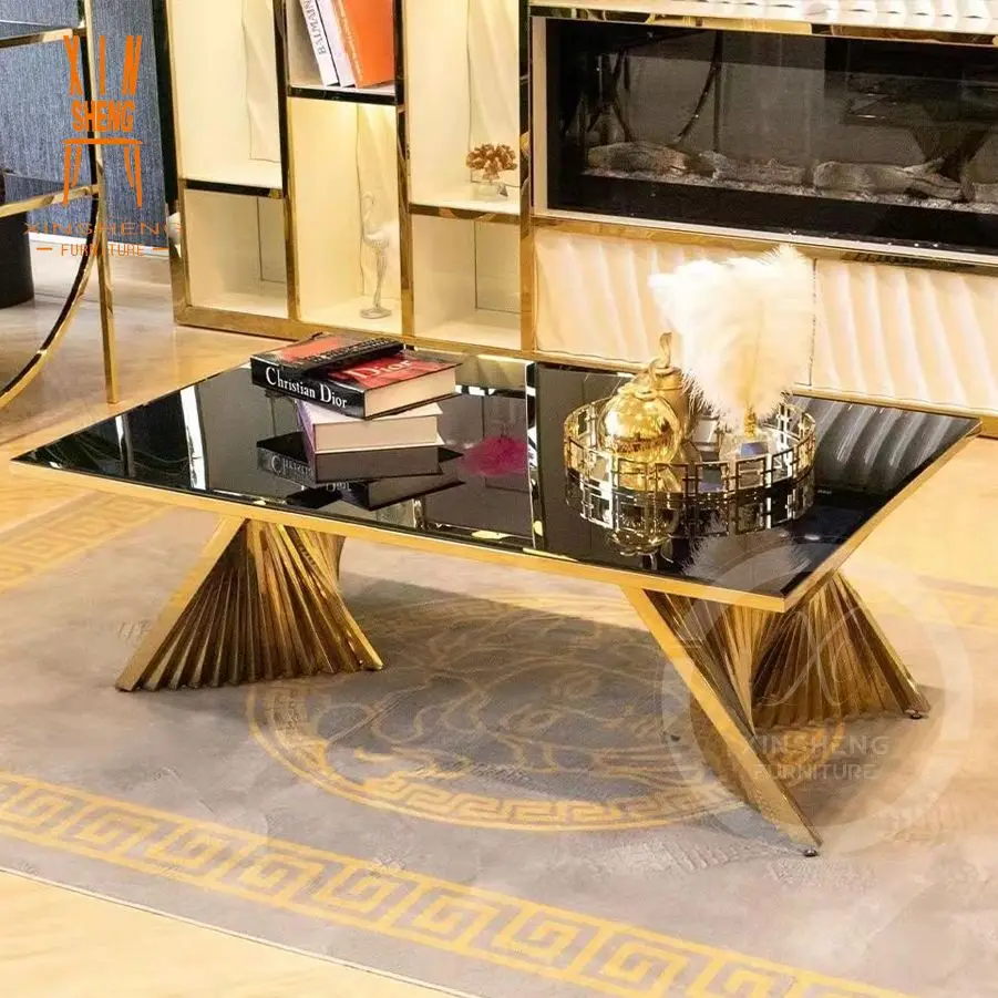 New Luxury Rectangle Black Glass Top Low Coffee Center Table For Living Room