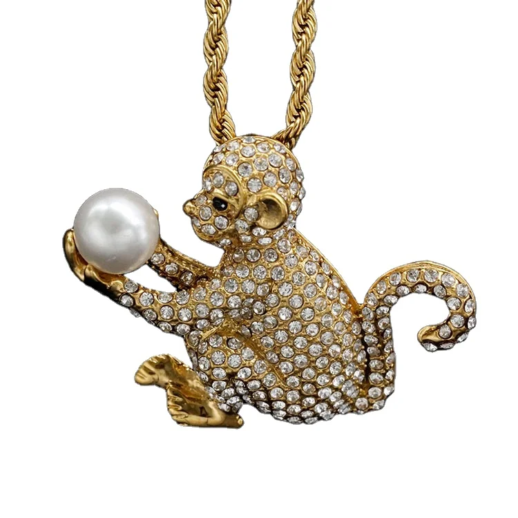Custom Fashion Jewellery Wholesale Stainless Steel Cartoon Design Lovely Monkey Zircon Pendant Necklace With Pearl