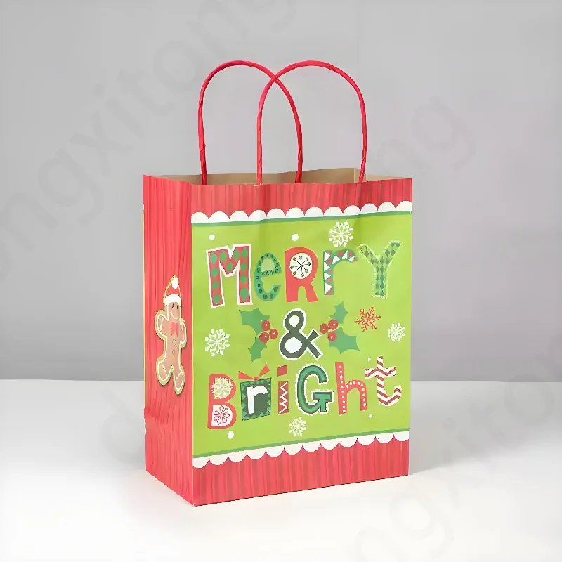 Custom Printed Biodegradable Kraft Paper Bags Christmas Themed for Shopping Food with Custom Logo for Clothing Gift Packaging
