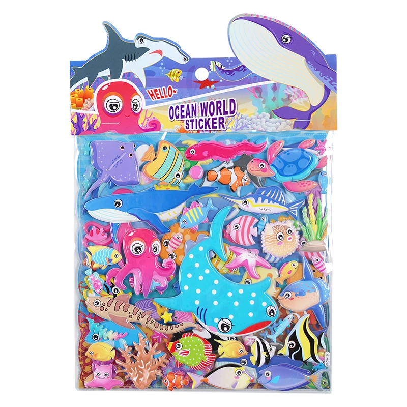 SHANLE Wholesale Double-Layer Ocean World Puffy Sticker Cartoon Sea Animal Fish Whale Shark Dolphin Deco 3D Foam PVC Sticker