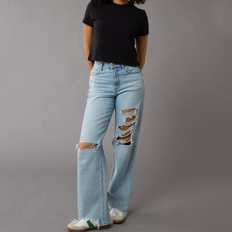 2024 hot sales washed wide leg casual fashion high level process ripped jeans women denim jeans