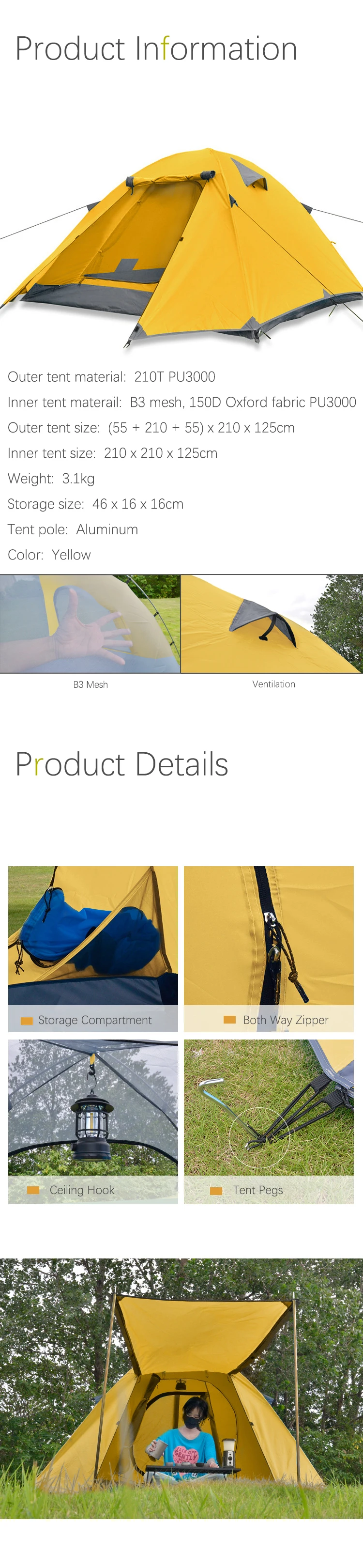 Outdoor Four Seasons Camping Tent Portable Large Space 3-4 Person Hand Built Park or Beach Sunshade Tent