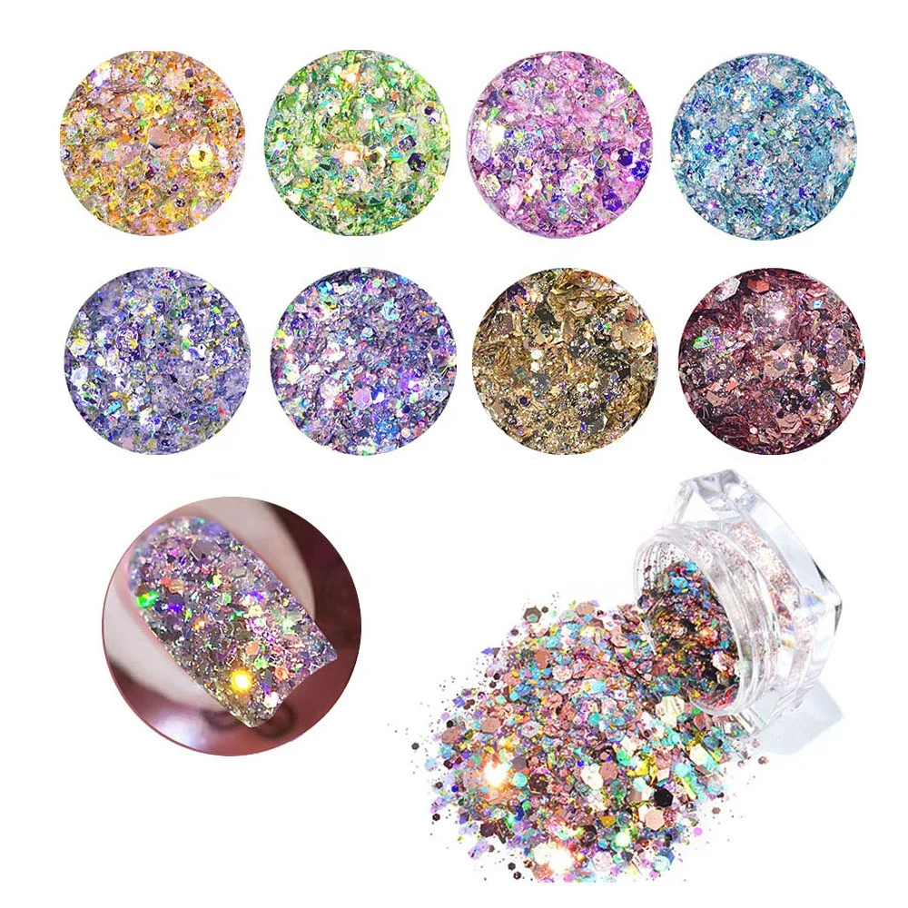 Wholesale 3D Holographic Irregular Chunky Nail Glitter Flakes Shining Iridescent Nail Sequins for Decoration
