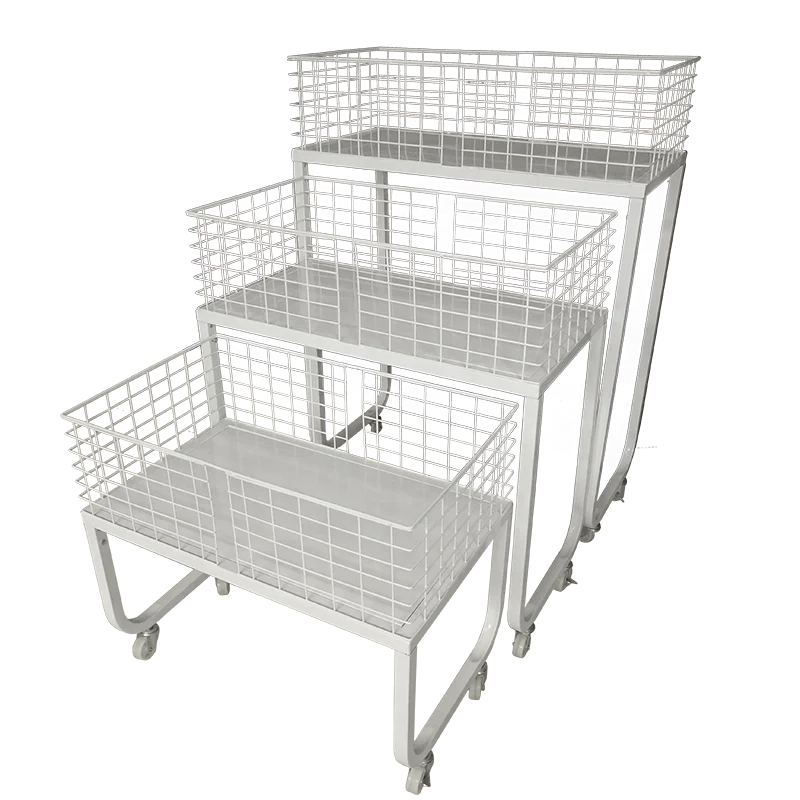 Custom Store Folding Promotion Table Snacks Drink Toys Doll Metal Mesh Storage Basket Risers Ladder Display Shelf Stand Rack