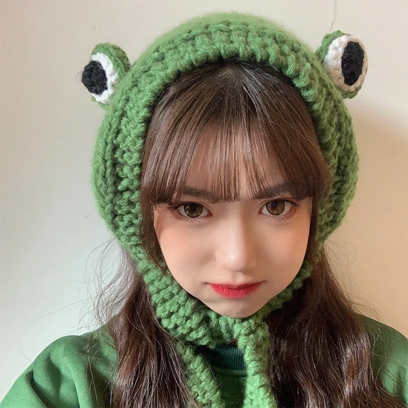 Women cute Girl cosplay Crochet Knitted Winter Headband Hat Beanie Cute Cartoon Frog Big Eyes Earflap Cap Photo Props