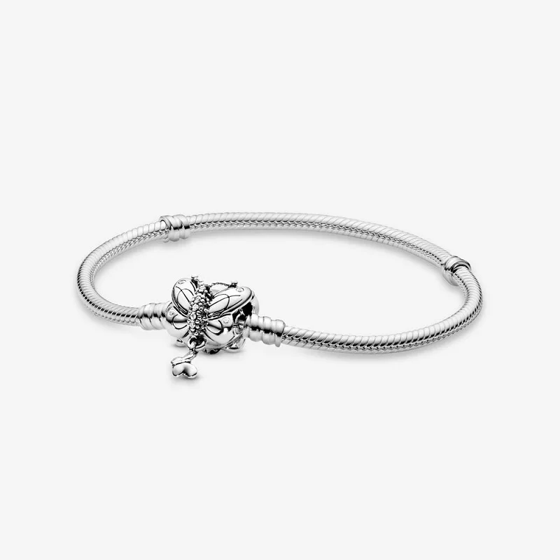 S925 Sterling Silver Moments Clear CZ Butterfly Insect Wing Lines Clasp Snake Chain Bracelet