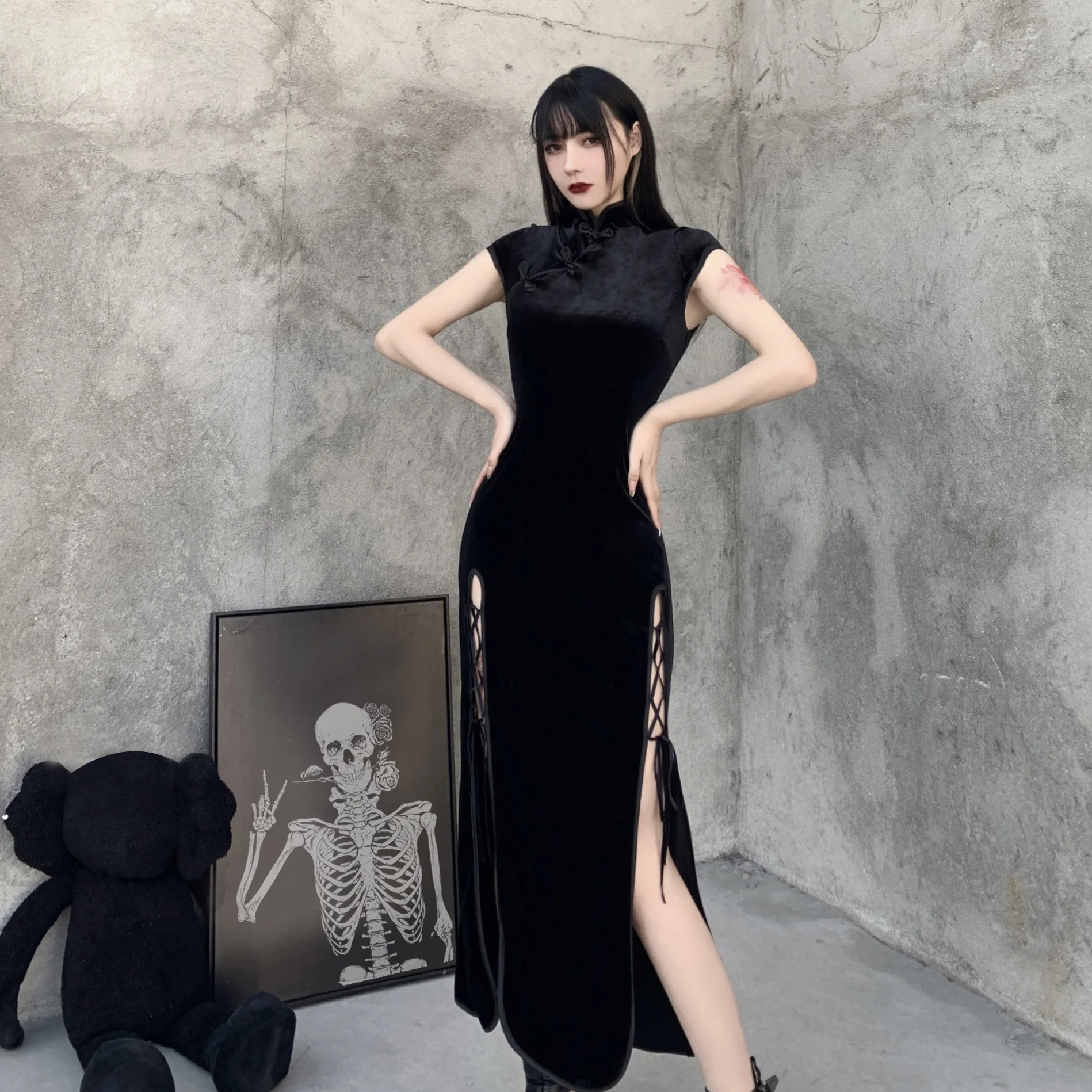  Ins винтажный стиль плюс размер Cheongsam женское осеннее платье с открытой вилкой сексуальное Qipao Дамское