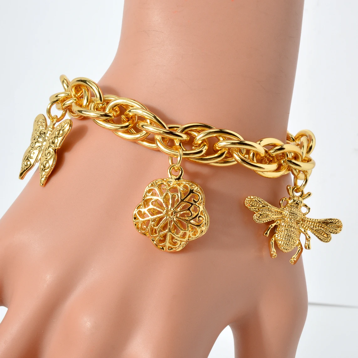 NEW Arrived wholesale Butterfly Flower Bee Life Tree 14k Gold Plated Link Chain Charm Bracelet Women