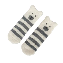 Hot sell cute bear striped coral velvet fluffy fuzzy socks women winter warm animal Indoor Knitted  floor slipper socks