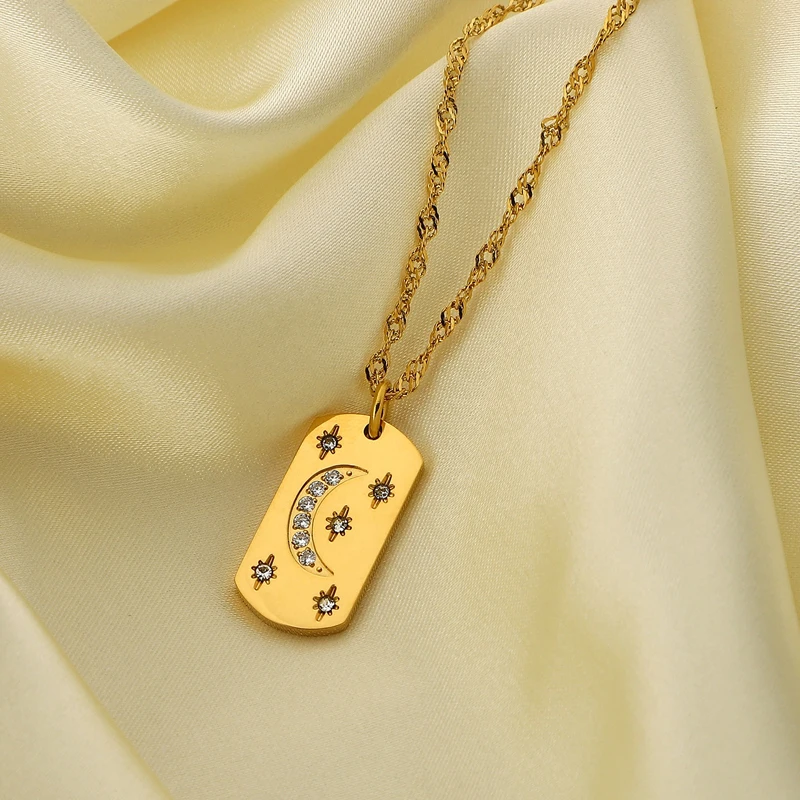 Stainless Steel Tarnish Free Waterproof Gold Plated North Star Starburst Moon Crescent Pendant Diamond Necklace