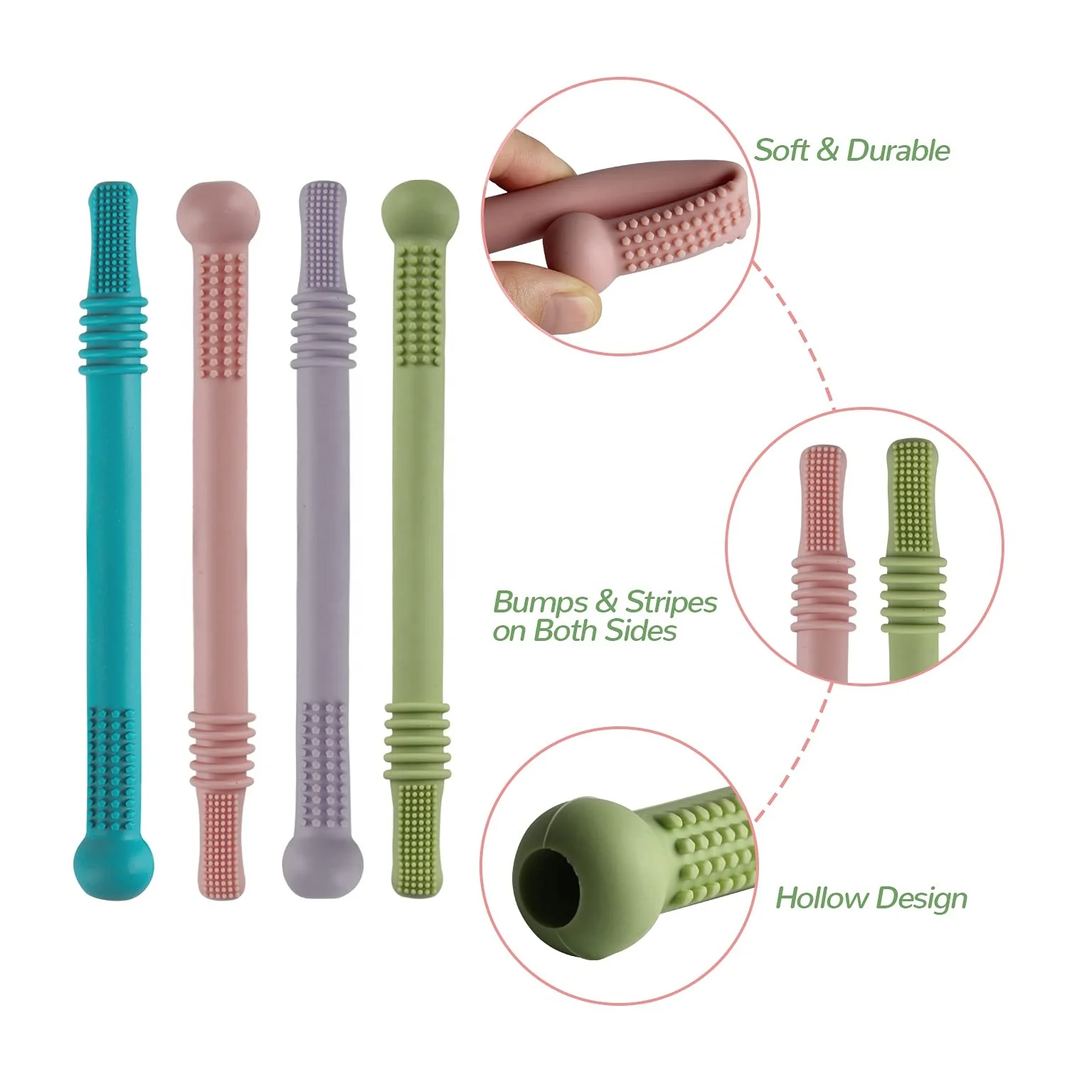 Chew Straw Toy for Infant Toddlers Silicone Tubes Teething Toys for Babies 3-12 Months BPA Free Freezable Dishwasher Soft Toy