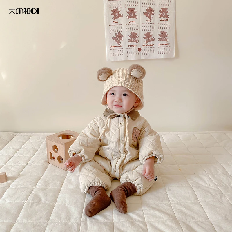 ins24 Winter Korean version baby lapel quilted thick crawling suit for boys and girls baby bear with wool thick onesie winter