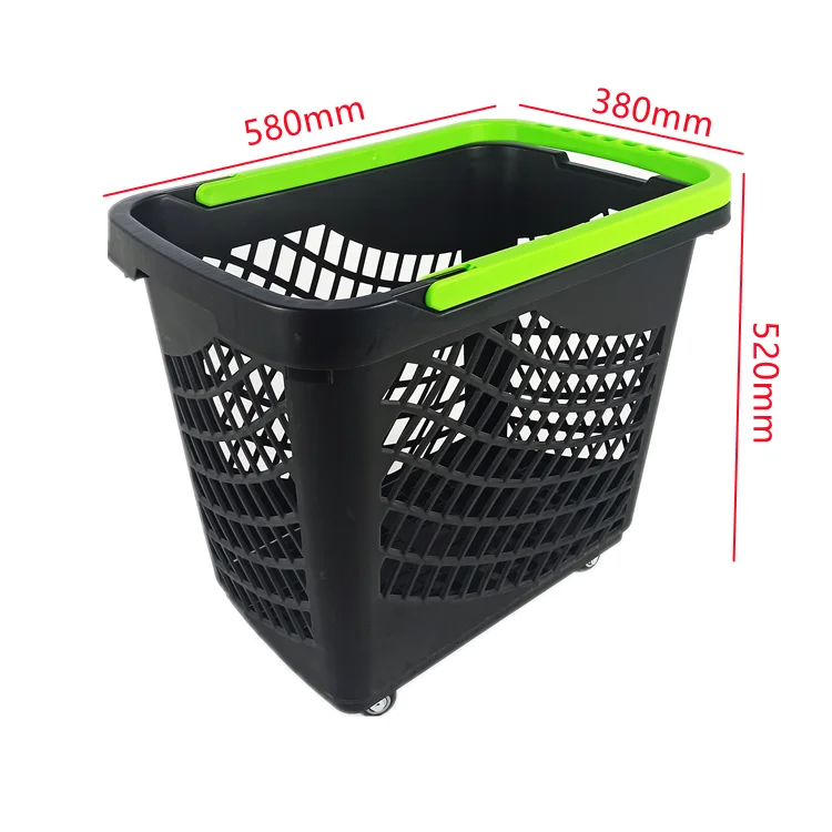Manufacturer Eco-friendly 65L supermarket plastic folding shopping basket with 4 wheels