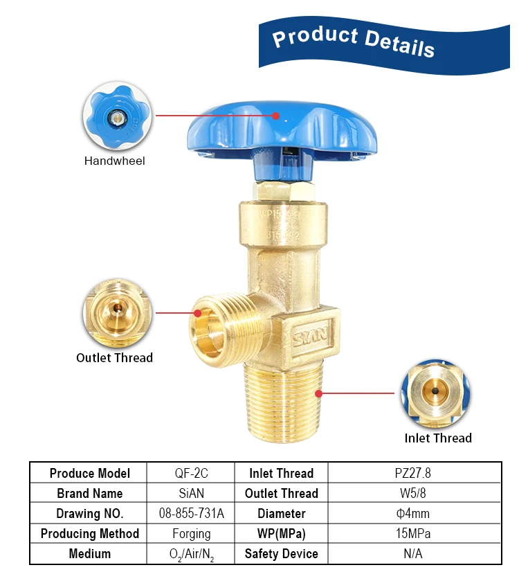 SiAN Safety QF-2C Industrial Gas Range N2 Oxygen Air Control Valves Flapper Type Cylinder Nitrogen Valve Brass O2 Valves