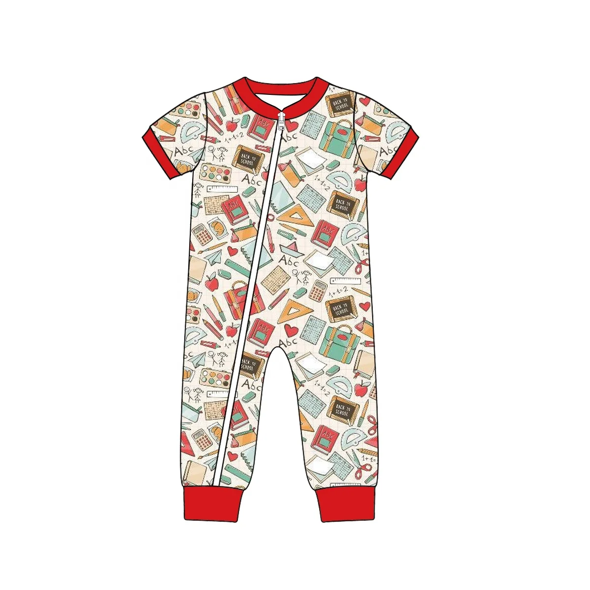 Puresun back to school kids clothes summer sleepwear baby clothes pure cotton printed boy zipper romper with short sleeve